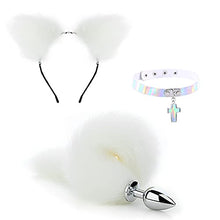 Load image into Gallery viewer, Siamrose 3Pcs/Set Pure Puffy Arctic Fox Tail Plß?Ñg C??splß?íy Set with White Fox Hair Hoop PU Laser Cß?ìllar for Women B?ôgin??er Idea for Gift (Size : Small)