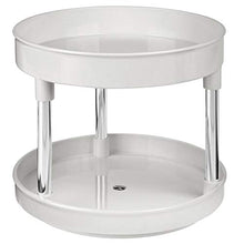 Load image into Gallery viewer, mDesign Spinning 2-Tier Lazy Susan Turntable Storage Tray - Raised Edge, Rotating Organizer for Bathroom Counter Tops, Dressing Tables, Makeup Stations, Dressers - 9 Inch Diameter - Light Gray/Chrome
