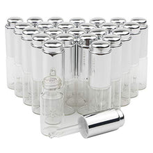 Load image into Gallery viewer, JIUWU 10ml 1/3 Oz Essential Oil Transparent Glass Dropper Bottle with Silver Pressure Pump and Tip Eye Dropper Perfume Cosmetics Aromatherapy Sample Vials Pack of 25