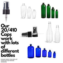 Load image into Gallery viewer, 50 Qty - 20/410 Neck Fine Mist Spray Caps | 5 1/4 tube, Black with Ribbed Neck | Bullet Boston Rounds | Essential Oil Bottle Tops | Travel | Perfume | Refill (50)