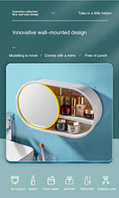 Load image into Gallery viewer, Wall-mounted multifunctional bathroom cosmetic storage box with 360-degree rotating makeup mirror, dustproof and waterproof cosmetic display cabinet, cosmetic storage box, perfume rack, kitchen spice rack, large capacity, no perforation (yellow)