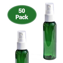 Load image into Gallery viewer, Travel Spray Bottles 2oz. Green PET Plastic Sets with White Fine Misting Sprayers for Essential Oils, Aromatherapy, Perfumes, Bug Repellant, Liquids (50)