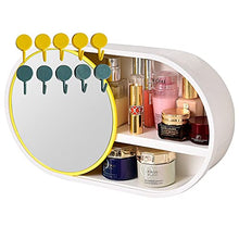 Load image into Gallery viewer, Wall-mounted multifunctional bathroom cosmetic storage box with 360-degree rotating makeup mirror, dustproof and waterproof cosmetic display cabinet, cosmetic storage box, perfume rack, kitchen spice rack, large capacity, no perforation (yellow)