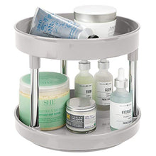 Load image into Gallery viewer, mDesign Spinning 2-Tier Lazy Susan Turntable Storage Tray - Raised Edge, Rotating Organizer for Bathroom Counter Tops, Dressing Tables, Makeup Stations, Dressers - 9 Inch Diameter - Light Gray/Chrome