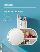 Load image into Gallery viewer, Wall-mounted multifunctional bathroom cosmetic storage box with 360-degree rotating makeup mirror, dustproof and waterproof cosmetic display cabinet, cosmetic storage box, perfume rack, kitchen spice rack, large capacity, no perforation (yellow)