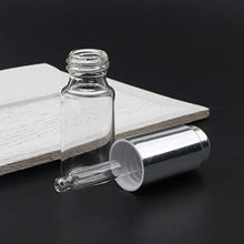 Load image into Gallery viewer, JIUWU 10ml 1/3 Oz Essential Oil Transparent Glass Dropper Bottle with Silver Pressure Pump and Tip Eye Dropper Perfume Cosmetics Aromatherapy Sample Vials Pack of 25