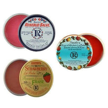 Load image into Gallery viewer, Rosebud Perfume Co. Tin 3 Pack: Smith's Rosebud Salve + Smith's Strawberry Lip Balm + Smith's Rose and Mandarin Lip Balm
