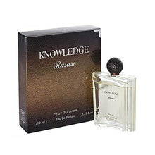 Load image into Gallery viewer, Knowledge for Men EDP - Eau De Parfum 100ML (3.4 oz) I Bold EDP (Eau De Parfum) Spray | Lasting edarwood, Patchouli, Sandal, Amber and Musky | Signature Arabian Perfumery | by RASASI Perfumes