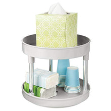 Load image into Gallery viewer, mDesign Spinning 2-Tier Lazy Susan Turntable Storage Tray - Raised Edge, Rotating Organizer for Bathroom Counter Tops, Dressing Tables, Makeup Stations, Dressers - 9 Inch Diameter - Light Gray/Chrome