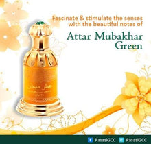 Load image into Gallery viewer, Attar Mubakhar Green for Men & Women (Unisex) CPO - Concentrated Perfume Oil (Attar) 20 ML (0.68 oz) I Oriental Perfumery | Blends Sandalwood, Vanilla, Musk, Rose | Elegant Bottle | by RASASI Perfumes