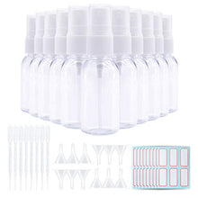 Load image into Gallery viewer, Trendbox 1oz Clear Empty Fine Mist Plastic Bottles Refillable PET BPA-Free Travel Containers For Cleaning, Perfume, Liquids 96 Pack with 96 Labels, 32 Funnels, 32 Pipettes