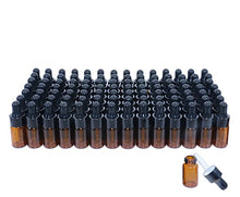 Load image into Gallery viewer, Pack of 100,3ml Amber Glass Dropper Bottle,Empty Sample Vial Glass Eye Dropper Aromatherapy Liquid Perfume Essential Oil Bottles with Glass pipette&Black Aluminum caps-Pipette&Funnel included