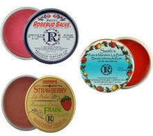 Load image into Gallery viewer, Rosebud Perfume Co. Tin 3 Pack: Smith's Rosebud Salve + Smith's Strawberry Lip Balm + Smith's Rose and Mandarin Lip Balm