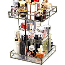Load image into Gallery viewer, 360 Degree Rotation Perfume Tray Makeup Organizer Antique Countertop Vanity Cosmetic Storage Box Mirror Glass Beauty Display, Brass Spin Large Capacity Holder for Brushes Lipsticks Skincare Toner