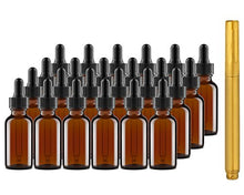 Load image into Gallery viewer, Chef's Star Glass Dropper Bottle, Carrier for Perfume and Essential Oils Storage Bottles for Liquids with Free Gold Glass Pen, 1 Oz (Amber 24 Pack 1oz)