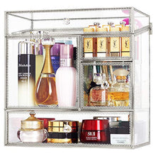Load image into Gallery viewer, Stackable Glass Makeup Organizer Antique Countertop Vanity Cosmetic Storage Box Mirror Glass Beauty Display, Large Capacity Holder for Brushes Lipsticks Skincare Toner with free Pearl (Silver)