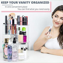 Load image into Gallery viewer, 360 Spinning Makeup Organizer - Rotating Makeup Organiser Storage Lazy Susan Rack for Perfume, Nail Polish - Premium Makeup Brush Holder for Dresser Vanity, Bathroom, Countertop - 7 Adjustable Layers with 4 Trays for Cosmetics, Brushes, Creams - Clear