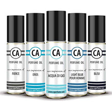 Load image into Gallery viewer, CA Perfume 2020 Top 5 Men Perfume Set Impression of (Light Blue + Eros + Acqua Di Gio + Bleu + Fierce)?áFragrance Body Oils Essential Sample Travel Size Roll-On (0.3 Fl Oz/10 ml) x 5