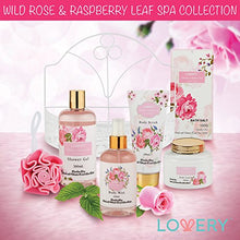 Load image into Gallery viewer, Father's Day Home Spa Gift Basket - Wild Rose & Raspberry Leaf Scent - 7 Piece Bath & Body Set For Men/Women With Shower Gel, Body Lotion, Body Scrub, Bath Salt, Body Mist, Bath Puff & Shower Caddy