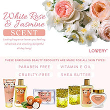 Load image into Gallery viewer, Bath and Body Gift Basket For Women - 13 Piece Set of White Rose and Jasmine Scented Cosmetic and Home Spa Set with Bath Bombs, Body Mist, Perfume, Intricate Gold Perfume Holder and More