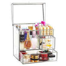 Load image into Gallery viewer, Stackable Glass Makeup Organizer Antique Countertop Vanity Cosmetic Storage Box Mirror Glass Beauty Display, Large Capacity Holder for Brushes Lipsticks Skincare Toner with free Pearl (Silver)