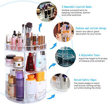 Load image into Gallery viewer, 360 Rotating Makeup Organizer, Great Clear Acrylic Cosmetic Storage Display in Vanity Bathroom and Dresser, Large and Tall for Skincare Cream, Perfume, Lotion and More ( 3 Removable Lipstick Racks )