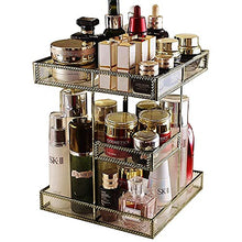 Load image into Gallery viewer, 360 Degree Rotation Perfume Tray Makeup Organizer Antique Countertop Vanity Cosmetic Storage Box Mirror Glass Beauty Display, Brass Spin Large Capacity Holder for Brushes Lipsticks Skincare Toner