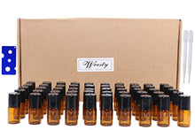 Load image into Gallery viewer, Wresty 2ml(5/8 Dram) Amber Roller Bottles 50 Pcs Mini Glass Roll on Bottles Refillable Essential Oil Roller Bottles Perfume Metal Rollerball Bottles,1 Opener,2 Dropper