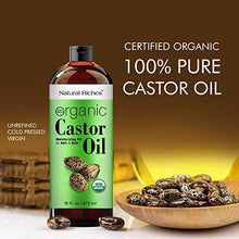 Load image into Gallery viewer, Organic Castor Oil Cold pressed USDA certified for Dry Skin Hair Loss Dandruff Thicker Hair - Moisturizes heals Scalp Skin Hair growth Thicker Eyelashes & Eyebrows 16 fl. oz. Natural Riches