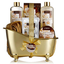 Load image into Gallery viewer, Father's Day Home Spa Gift Basket, 13 Piece Bath & Body Set For Men & Women, White Rose & Jasmine Fragrance with Shower Gel, Bubble Bath, Body Scrub, Salts, 6 Bath Bombs, Pouf, Cosmetic Bag & Gold Tub