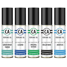 Load image into Gallery viewer, CA Perfume Niche Men Set Impression of (Aventus + Green Irish Tweed + Original Vetiver + Legend + Bvl. Man) Fragrance Body Oils Essential Sample Travel Size Roll-On (0.3 Fl Oz/10 ml) x5