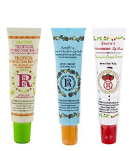 Load image into Gallery viewer, Rosebud Perfume Co. Tube 3 Pack: Tropical Ambrosia Balm, Rose & Mandarin Lip Balm, Strawberry Lip Balm
