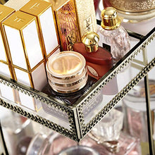 Load image into Gallery viewer, 360 Degree Rotation Perfume Tray Makeup Organizer Antique Countertop Vanity Cosmetic Storage Box Mirror Glass Beauty Display, Brass Spin Large Capacity Holder for Brushes Lipsticks Skincare Toner