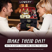 Load image into Gallery viewer, Premium Bath and Body Gift Basket For Women ?Çô 30 Piece Set, Jasmine Home Spa & Makeup Set, Includes Cosmetic Pencils, Lip Balm, Lotions, Perfume, Black Leather Cosmetic Bag & More