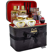 Load image into Gallery viewer, Premium Bath and Body Gift Basket For Women ?Çô 30 Piece Set, Jasmine Home Spa & Makeup Set, Includes Cosmetic Pencils, Lip Balm, Lotions, Perfume, Black Leather Cosmetic Bag & More