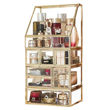 Load image into Gallery viewer, minopigo Antique Spacious Mirror Glass Drawers Set/Metal Cosmetic Makeup Storage/Stunning Jewelry Cube Perfume Organizer. It Consists of 4Separate Organizers Dustproof (Brass)