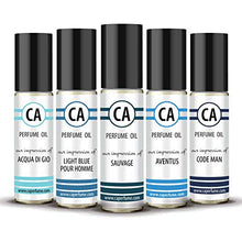 Load image into Gallery viewer, CA Perfume Best Spring Men Set Impression of (Light Blue + Sauvage + Code + Aventus + Acqua Di Gio) Fragrance Body Oils Alcohol-Free Essential Sample Travel Size Roll-On (0.3 Fl Oz/10 ml) x5