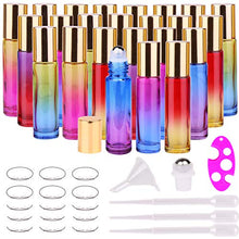 Load image into Gallery viewer, INICE 24 10ml THICK Glass Roller Bottles Roll on Bottle Big Stainless Ball Gradient Color for Essential Oils (3 Dropper, 1 Funnel, 1 Extra Roller Ball, 1 Bottle Opener, 24 Labels)