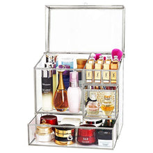 Load image into Gallery viewer, Stackable Glass Makeup Organizer Antique Countertop Vanity Cosmetic Storage Box Mirror Glass Beauty Display, Large Capacity Holder for Brushes Lipsticks Skincare Toner with free Pearl (Silver)