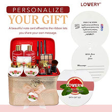 Load image into Gallery viewer, Premium Bath and Body Gift Basket For Women ?Çô 30 Piece Set, Pink Grapefruit Home Spa and Makeup Set, With Cosmetic Pencils, Lip Balm, Lotion, Perfume, Rose Gold Leather Cosmetic Bag & More