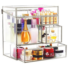Load image into Gallery viewer, Stackable Glass Makeup Organizer Antique Countertop Vanity Cosmetic Storage Box Mirror Glass Beauty Display, Large Capacity Holder for Brushes Lipsticks Skincare Toner with free Pearl (Silver)