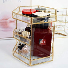 Load image into Gallery viewer, Yamfurvo 360 Degree Rotation Makeup Organizer Antique Countertop Cosmetic Storage Case, Glass Beauty Display, Gold Spin Large Capacity Holder for Brushes Lipsticks Skincare Toner