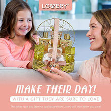 Load image into Gallery viewer, Bath and Body Gift Basket For Women - 13 Piece Set of White Rose and Jasmine Scented Cosmetic and Home Spa Set with Bath Bombs, Body Mist, Perfume, Intricate Gold Perfume Holder and More