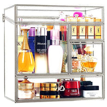 Load image into Gallery viewer, Stackable Glass Makeup Organizer Antique Countertop Vanity Cosmetic Storage Box Mirror Glass Beauty Display, Large Capacity Holder for Brushes Lipsticks Skincare Toner with free Pearl (Silver)