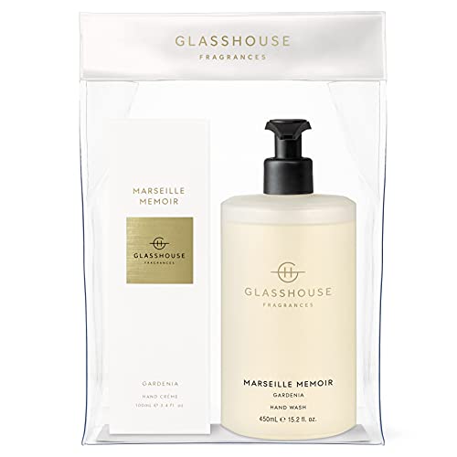 Glasshouse Fragrances Marseille Memoir Hand Duo Gift Set, Hand Cream & Hand Wash, Moisturizing & Perfume Scented, Gardenia, 3.4 Fl Oz + 15.2 Fl Oz