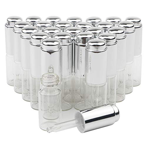 JIUWU 10ml 1/3 Oz Essential Oil Transparent Glass Dropper Bottle with Silver Pressure Pump and Tip Eye Dropper Perfume Cosmetics Aromatherapy Sample Vials Pack of 25