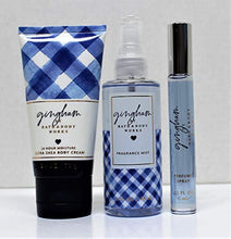 Load image into Gallery viewer, Bath and Body Works - Gingham - Body Cream, Fine Fragrance Mist &amp; Mini Perfume Spray - Travel Size 3 pc set.
