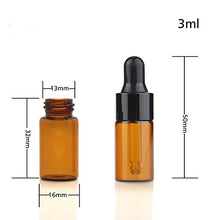 Load image into Gallery viewer, Pack of 100,3ml Amber Glass Dropper Bottle,Empty Sample Vial Glass Eye Dropper Aromatherapy Liquid Perfume Essential Oil Bottles with Glass pipette&amp;Black Aluminum caps-Pipette&amp;Funnel included
