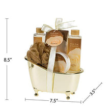 Load image into Gallery viewer, White Rose Jasmine Spa Set For Women Displayed in Elegant Gold Tub Includes Shower Gel, Bubble Bath, Body Lotion, Jasmine Bath Salt and Pouf, Award Winning Bath and Body Set
