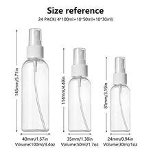 Load image into Gallery viewer, YOKILLY 24 Pack Travel Plastic Spray Bottles Kit, Mini Clear Refillable Container Squirt Bottle for Alcohol, Hair, Liquid, Perfumes, Cosmetic, Cleaning(3.4oz, 1.7oz, 1oz)
